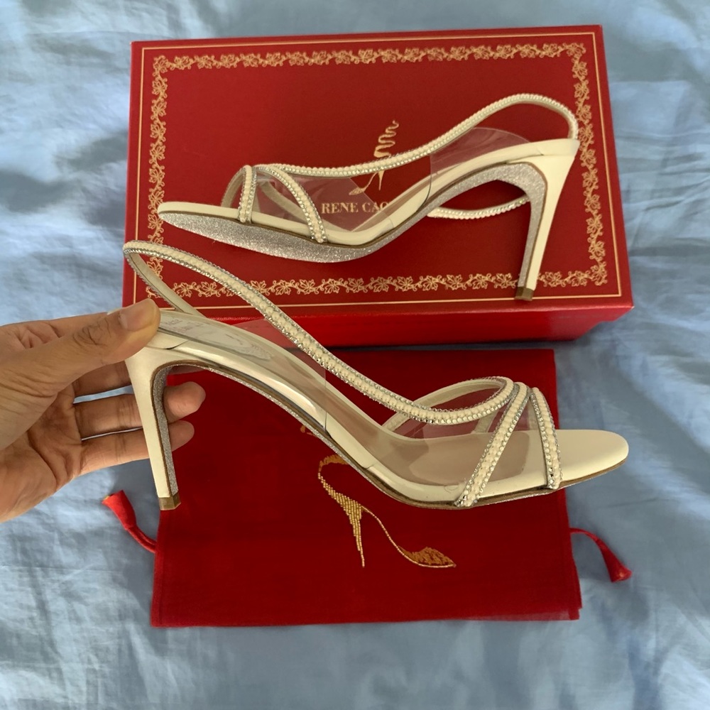 Rene Caovilla White Satin Slingback Sandals 37
